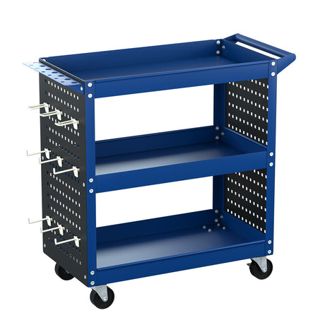 Newton blue three tier steel tool cart with side pegboard and screwdriver bay