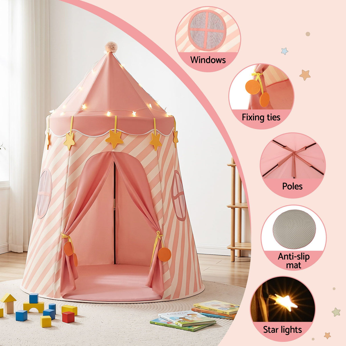 Keezi Kids Play Tent with Star Lights, Window and Carry Bag, 116x153cm