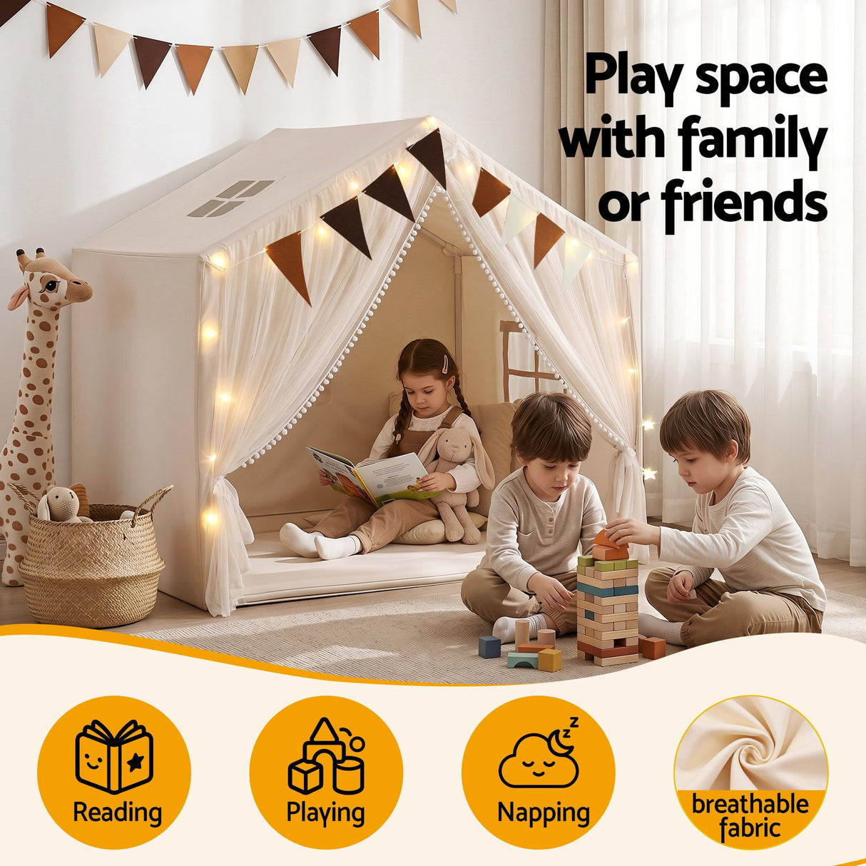 Keezi Kids Play Tent with Star Lights, Windows and Flag, 144x95cm