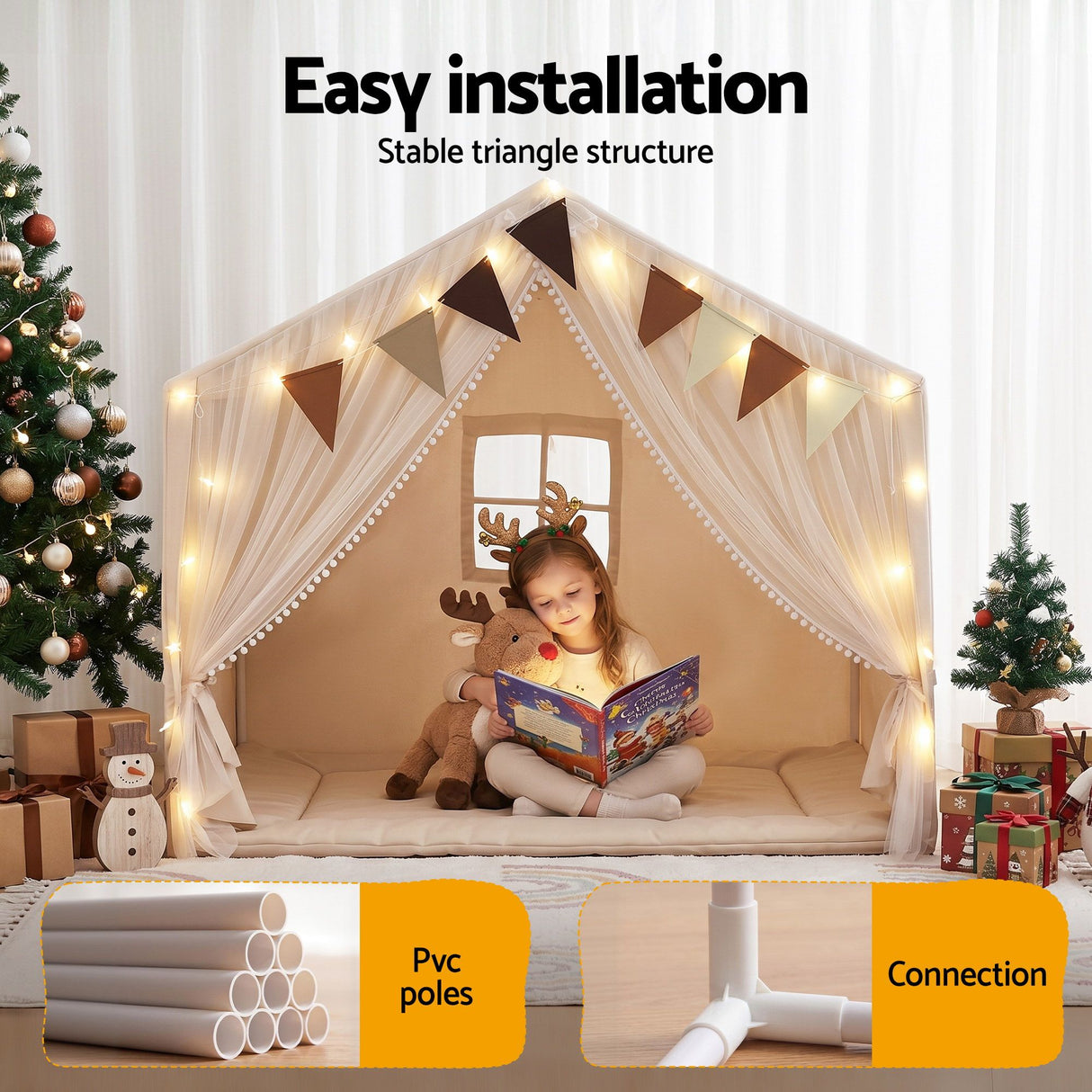 Keezi Kids Play Tent with Star Lights, Windows and Flag, 144x95cm