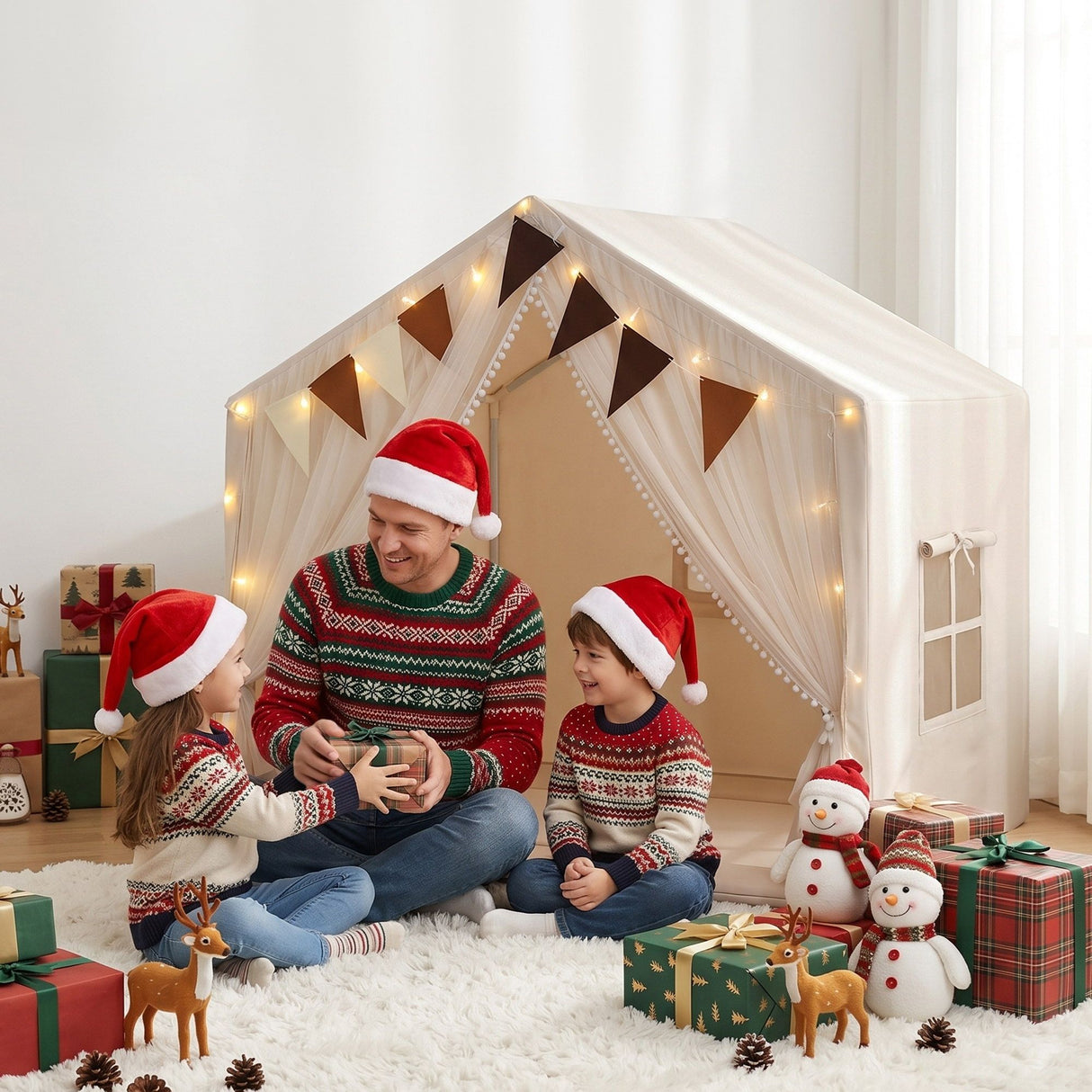 Keezi Kids Play Tent with Star Lights, Windows and Flag, 144x95cm