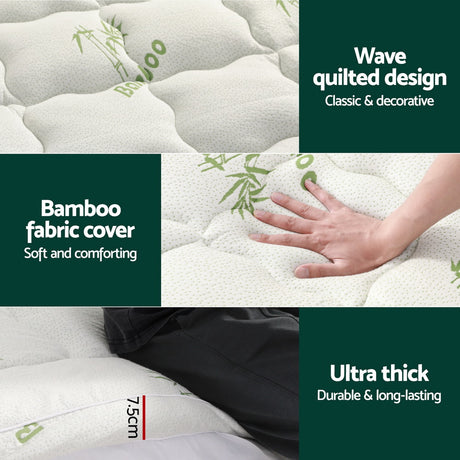 Giselle Bedding 7.5cm Bamboo Pillowtop Mattress Topper — 3D Wave Quilted, Anti-Allergy — Allure Home Collections