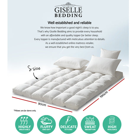 Giselle Bedding Pillowtop Mattress Topper Protector Pad — Single, 1000GSM — Allure Home Collections