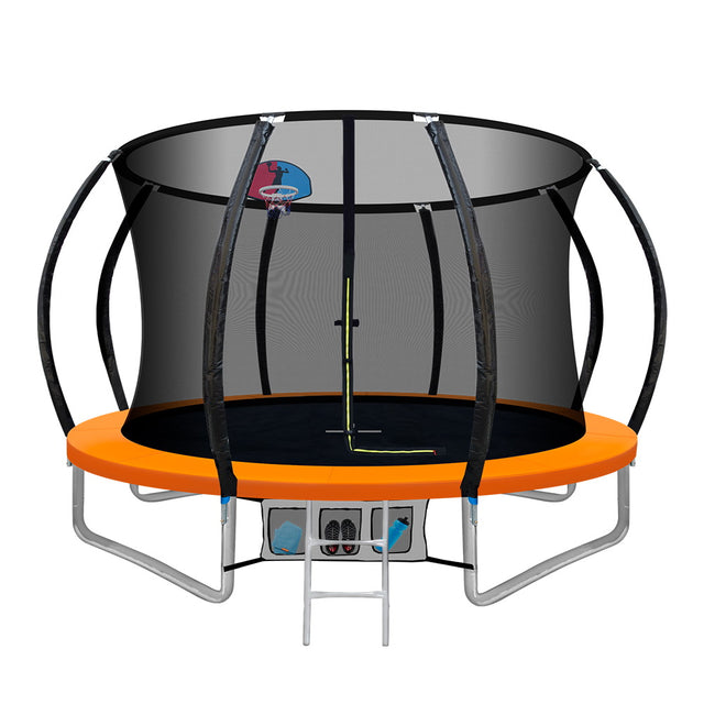 Orange 10ft round trampoline with full enclosure net and ladder