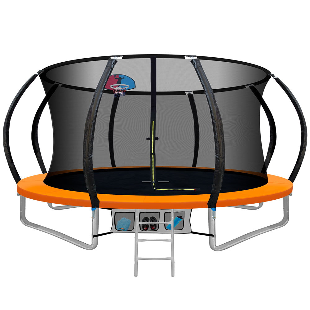 Orange 12ft round trampoline with full enclosure net and ladder