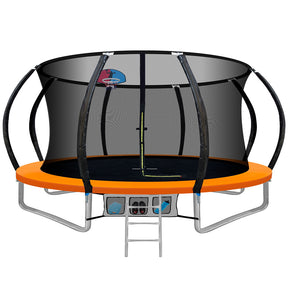 Orange 12ft round trampoline with full enclosure net and ladder