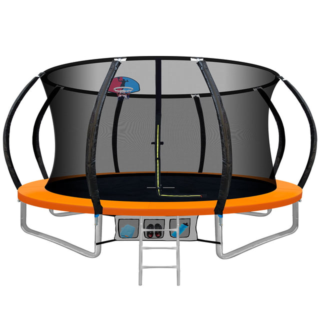 Orange 12ft round trampoline with full enclosure net and ladder