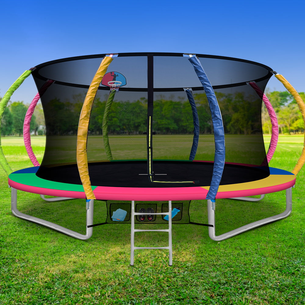 Round 14ft trampoline with basketball hoop, enclosure net and ladder