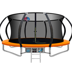 Orange 14ft round trampoline with basketball hoop, enclosure net and ladder