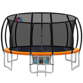 Orange 16ft round trampoline with full enclosure net and ladder