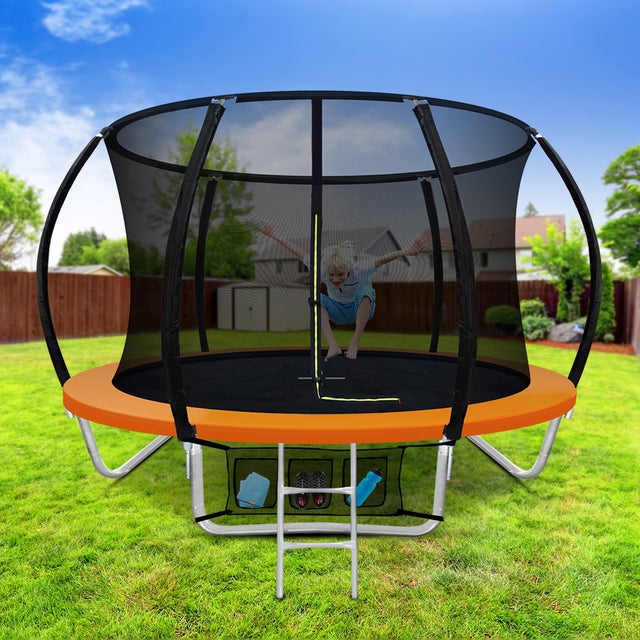 Orange 8ft round trampoline with full enclosure net and ladder