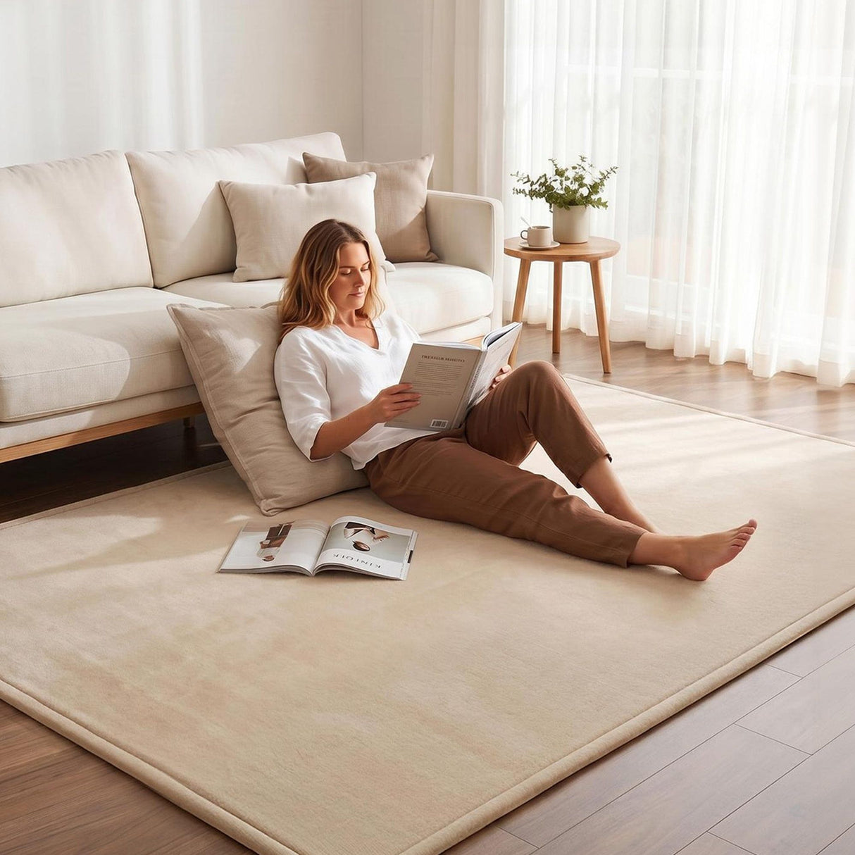 Beige foldable tatami floor mat 150 x 200cm view 1