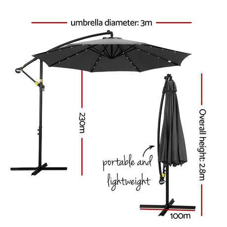 Instahut Cantilever LED Outdoor Umbrella — Solar Powered, UV50 Plus, Charcoal or Navy — Allure Home Collections
