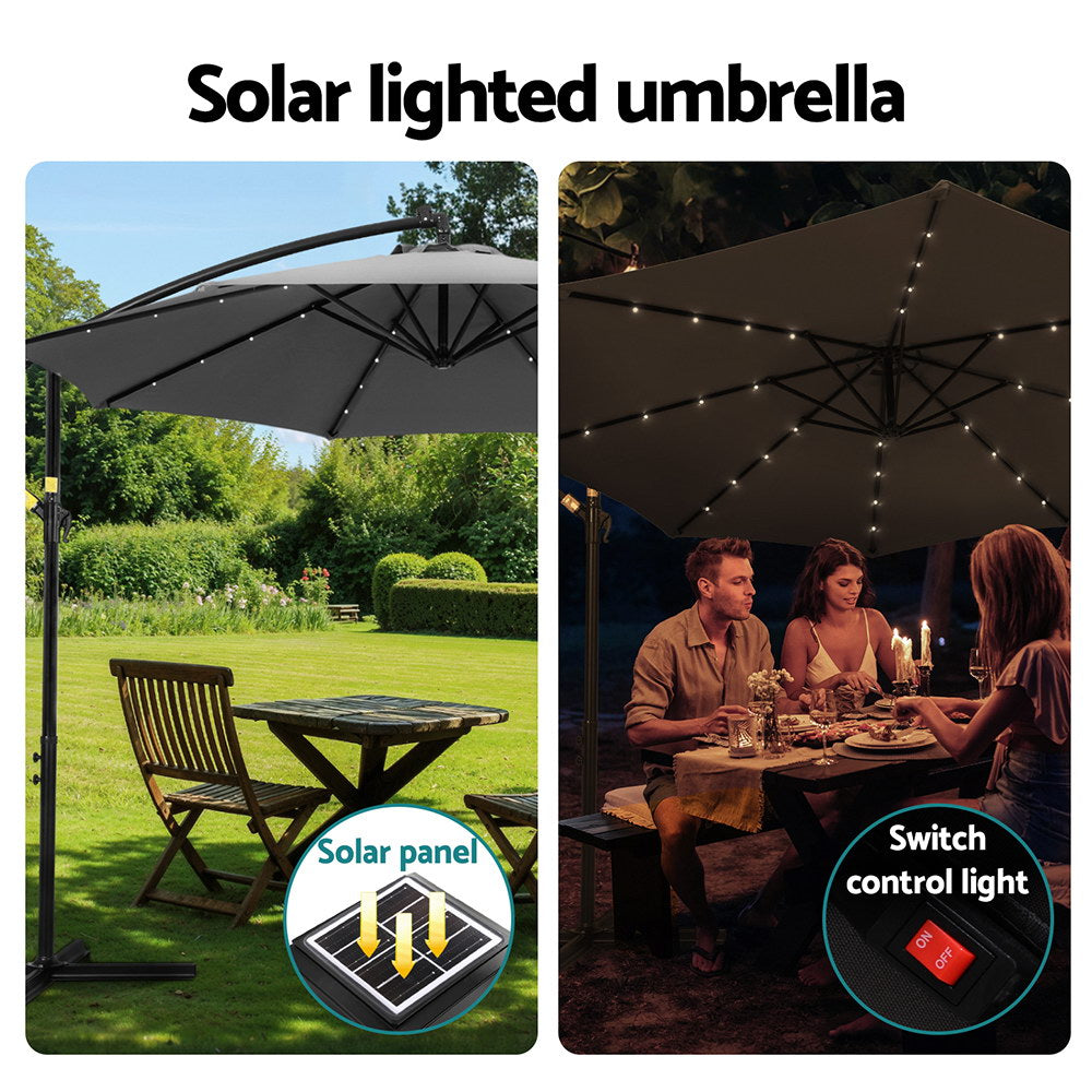 Instahut Cantilever LED Outdoor Umbrella — Solar Powered, UV50 Plus, Charcoal or Navy — Allure Home Collections