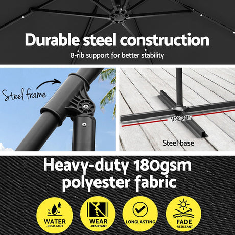Instahut Cantilever LED Outdoor Umbrella — Solar Powered, UV50 Plus, Charcoal or Navy — Allure Home Collections