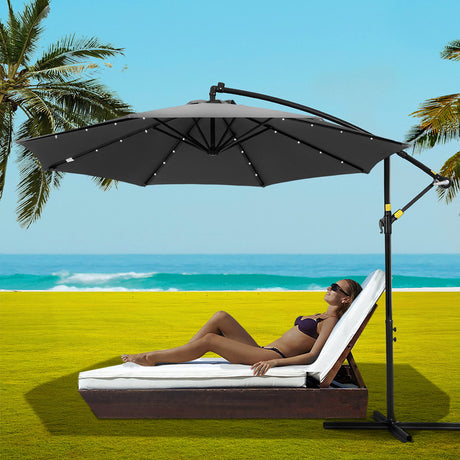 Instahut Cantilever LED Outdoor Umbrella — Solar Powered, UV50 Plus, Charcoal or Navy — Allure Home Collections