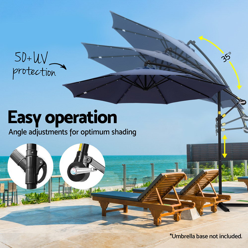 Instahut Cantilever LED Outdoor Umbrella — Solar Powered, UV50 Plus, Charcoal or Navy — Allure Home Collections