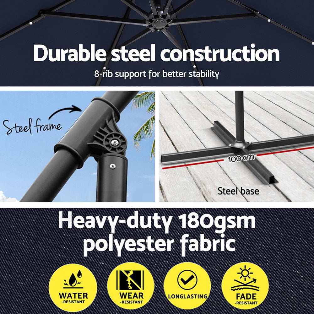 Instahut Cantilever LED Outdoor Umbrella — Solar Powered, UV50 Plus, Charcoal or Navy — Allure Home Collections