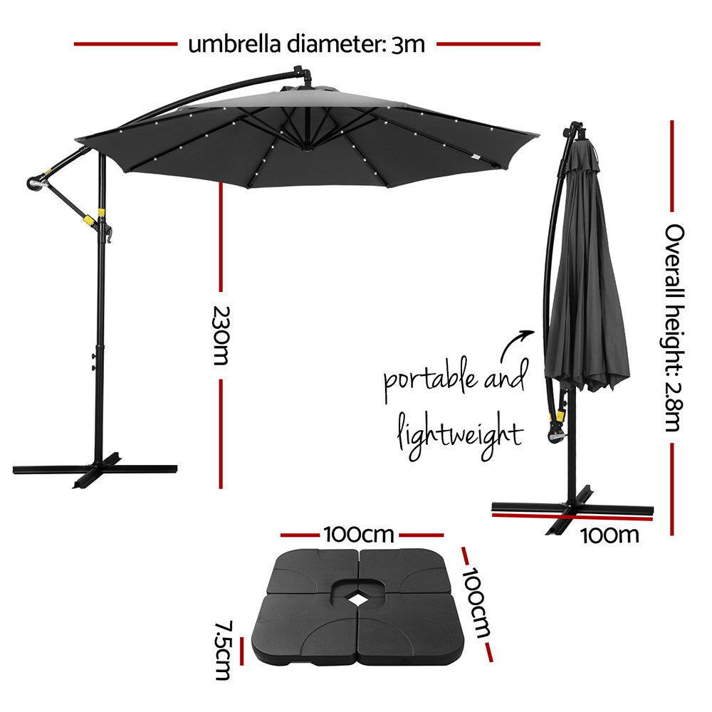 Instahut Cantilever LED Outdoor Umbrella with Base — UPF 50 Plus, Charcoal or Navy — Allure Home Collections