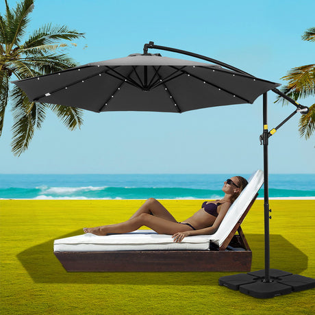 Instahut Cantilever LED Outdoor Umbrella with Base — UPF 50 Plus, Charcoal or Navy — Allure Home Collections