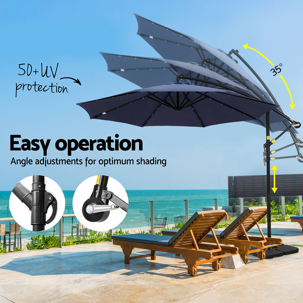 Instahut Cantilever LED Outdoor Umbrella with Base — UPF 50 Plus, Charcoal or Navy — Allure Home Collections