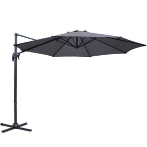 Black cantilever outdoor umbrella shading a patio