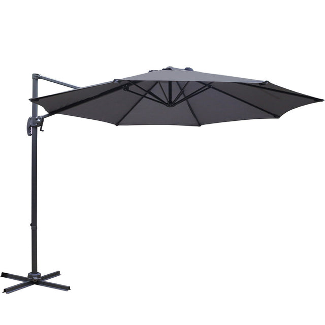 Black cantilever outdoor umbrella shading a patio