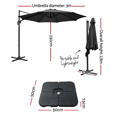 Instahut Cantilever Umbrella with Base and 360 Degree Tilt — UPF 50 Plus, Multiple Colours — Allure Home Collections