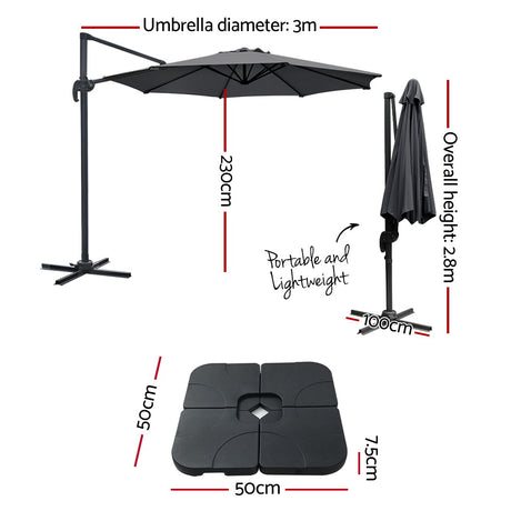 Instahut Cantilever Umbrella with Base and 360 Degree Tilt — UPF 50 Plus, Multiple Colours — Allure Home Collections