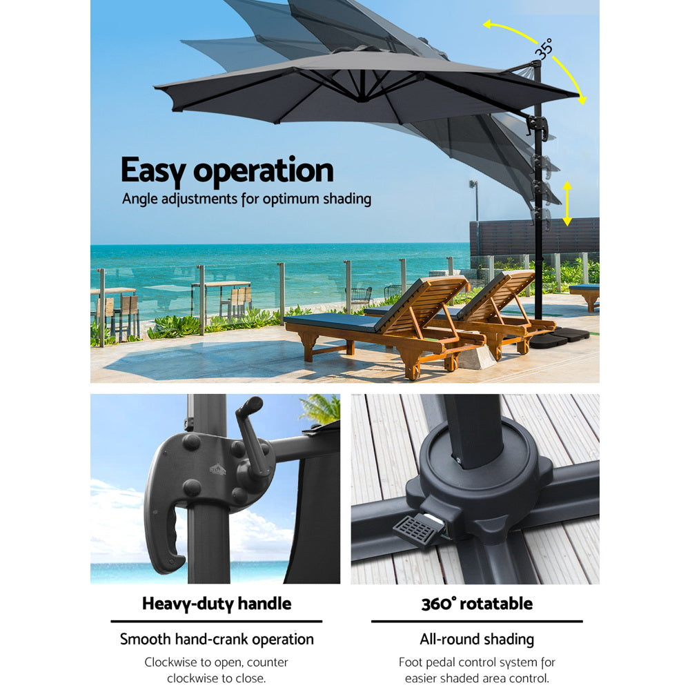 Instahut Cantilever Umbrella with Base and 360 Degree Tilt — UPF 50 Plus, Multiple Colours — Allure Home Collections