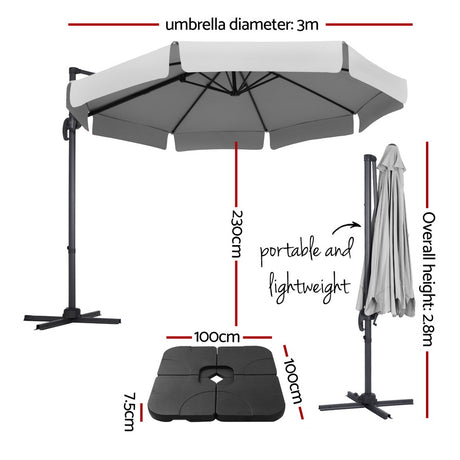 Instahut Cantilever Umbrella with Base and 360 Degree Tilt — UPF 50 Plus, Multiple Colours — Allure Home Collections