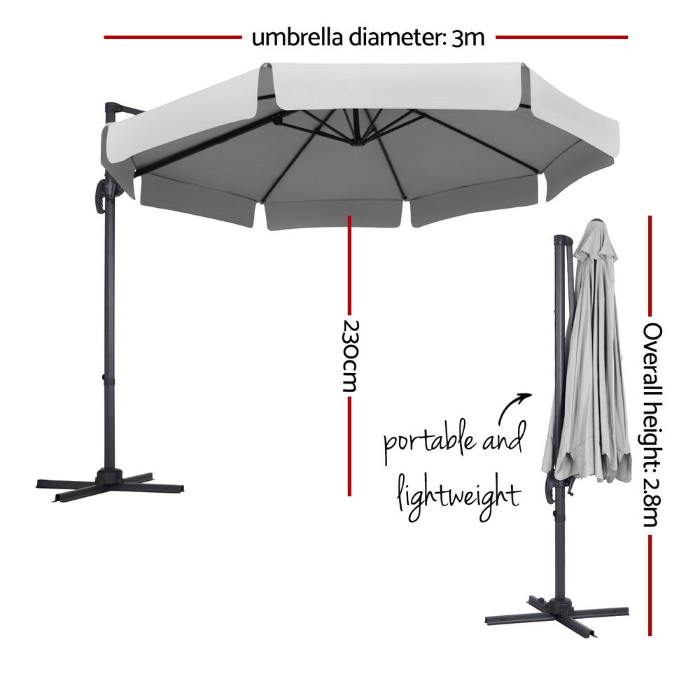 Instahut 3m Cantilever Umbrella with 360 Degree Tilt — UPF 50 Plus, Beige, Black or Grey — Allure Home Collections