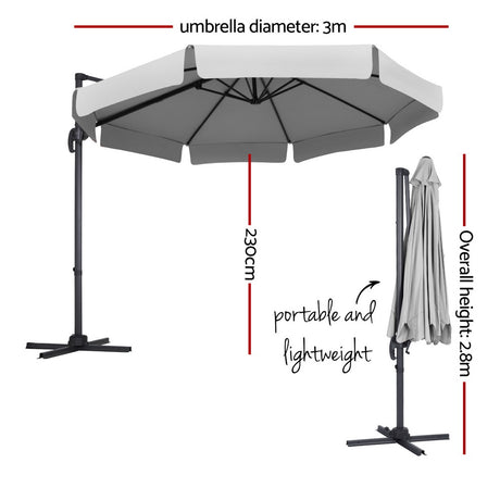 Instahut 3m Cantilever Umbrella with 360 Degree Tilt — UPF 50 Plus, Beige, Black or Grey — Allure Home Collections