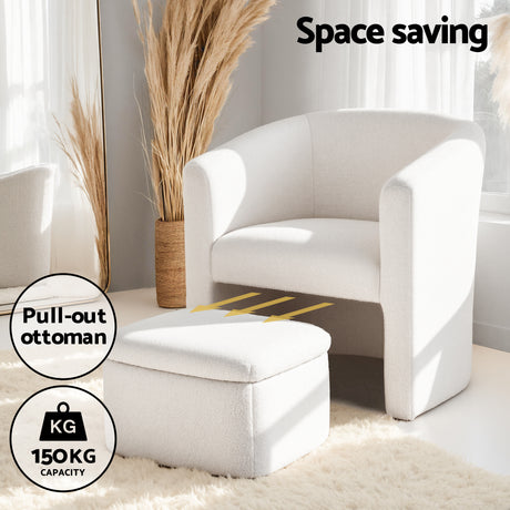 Harlow Boucle Armchair with Ottoman, White, view 4