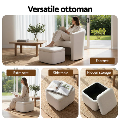 Harlow Boucle Armchair with Ottoman, White, view 5