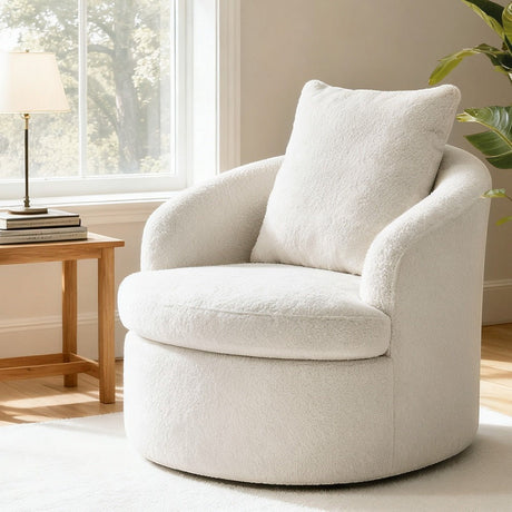 Bullaburra white sherpa fleece swivel armchair in a modern living room