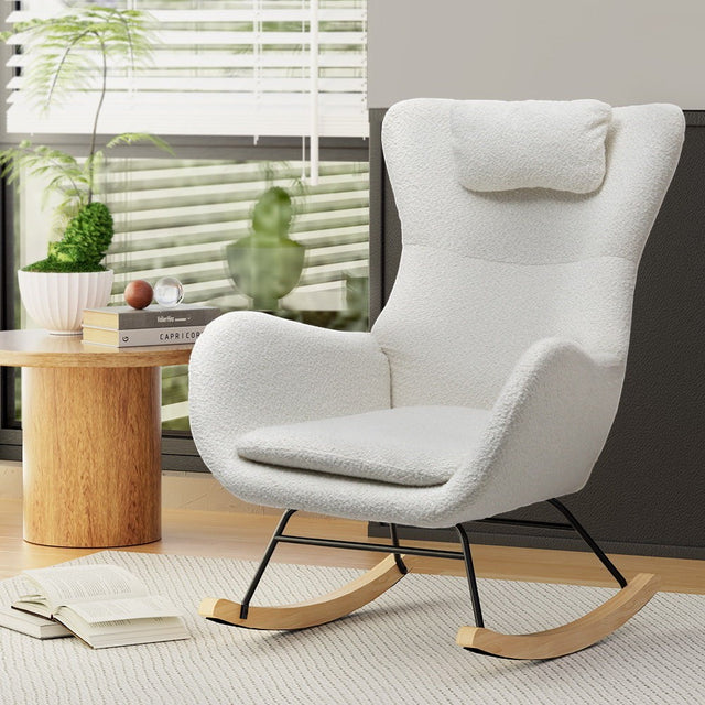 Shipley white teddy fleece rocking chair in a modern living room