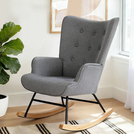 Glenbrook grey linen rocking chair in a modern living room