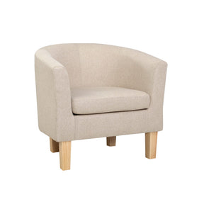 Bell beige tub armchair with rounded back and solid wood legs in a bedroom