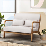 Yellow Rock beige faux linen two seater armchair in a modern living room