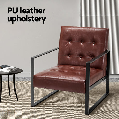 Artiss Modern Armchair Lounge Chair in Brown PU Leather with Metal Frame