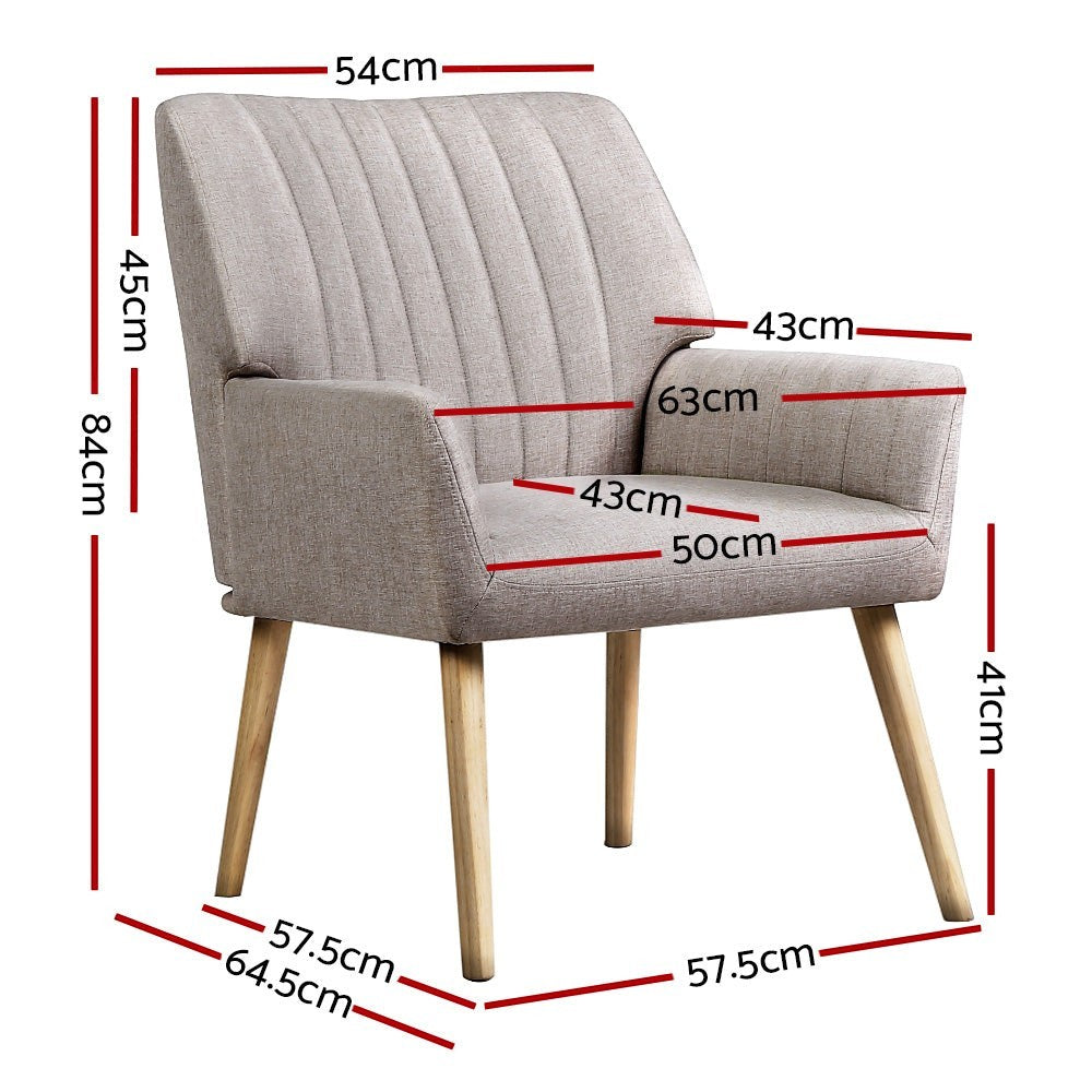 Allure Home Collections Faulconbridge armchair in beige faux fabric with splayed rubber wood legs and dimension labels