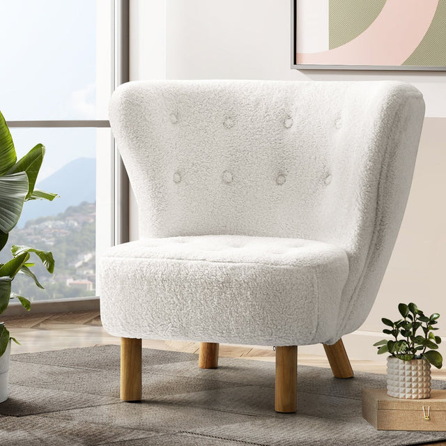 Mount Tomah white sherpa fleece wingback chair in a modern living room