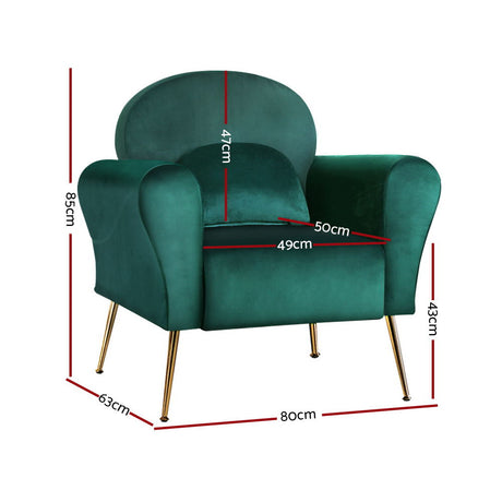 Artiss Caroline Green Velvet Armchair with Golden Legs