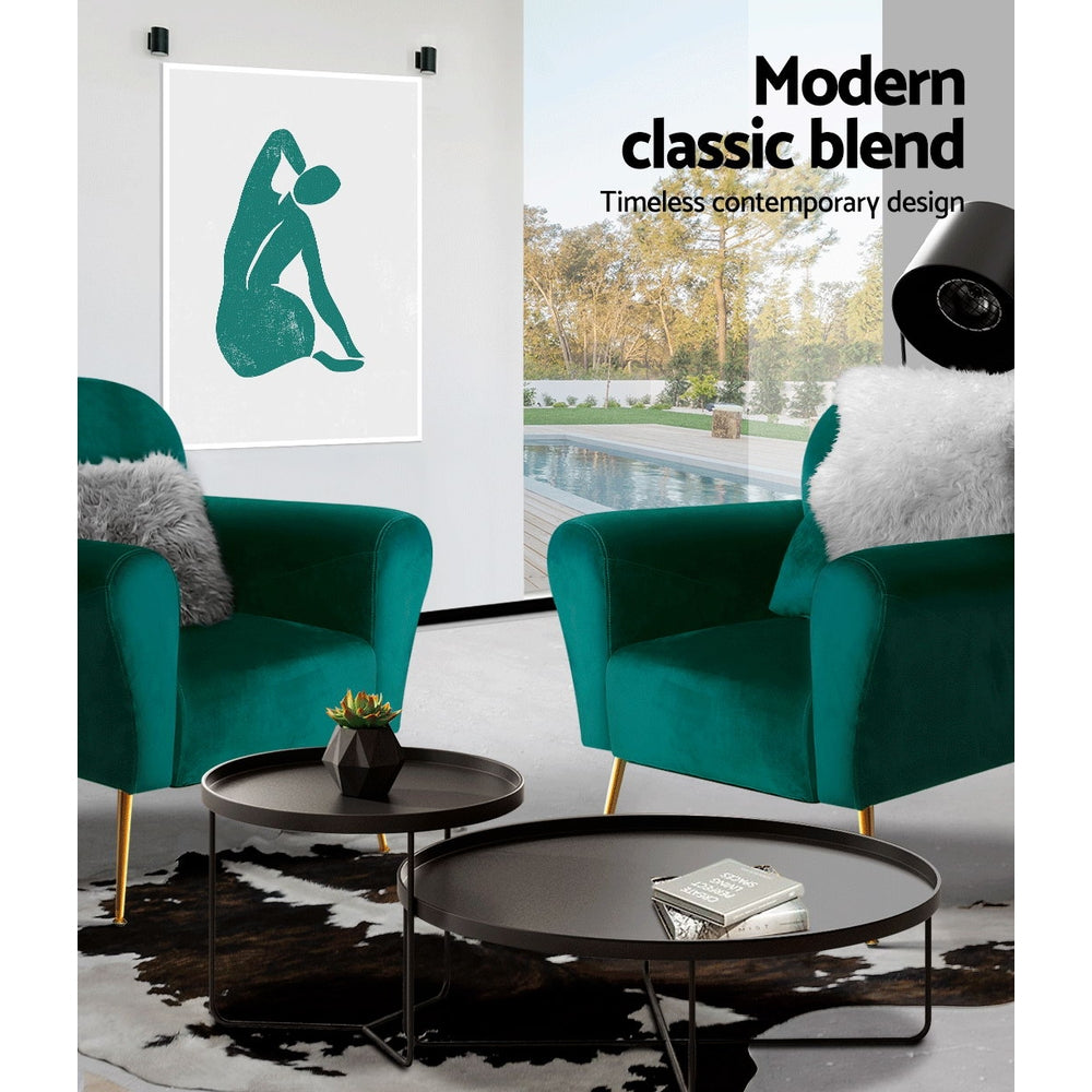 Artiss Caroline Green Velvet Armchair with Golden Legs