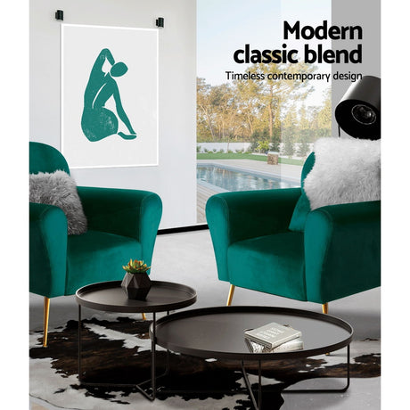 Artiss Caroline Green Velvet Armchair with Golden Legs