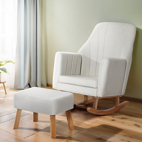 Capertee beige faux linen rocking chair in a modern living room