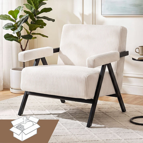 Mount Riverview white corduroy accent chair in a modern living room