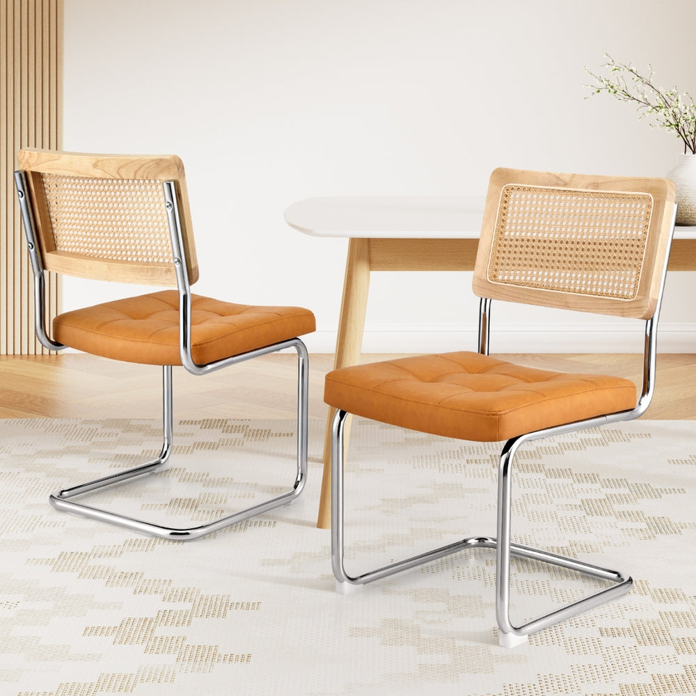 PU Leather Rattan Cantilever Dining Chairs — Brown, Set of 2 — Allure Home Collections
