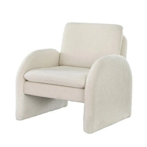Bullaburra white boucle armchair with curved ergonomic armrests in a living room
